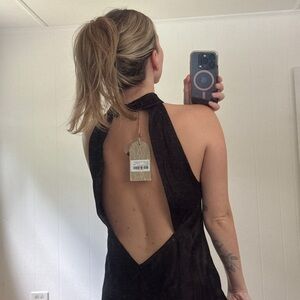 Black Halter High Neck Satin Backless Dress